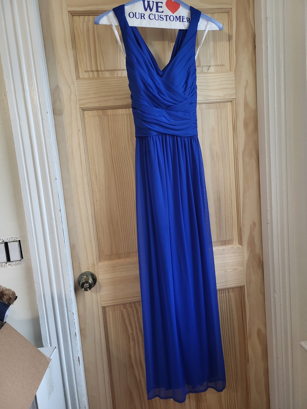 David's Bridal Cobalt Blue V-Neck Pleated Chiffon Maxi Dress